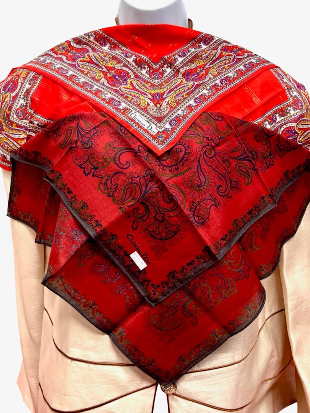 2)  New - Christian Dior  cotton made 19  Mini scarf/Neck-kerchief red floral(44 - Picture 3 of 14